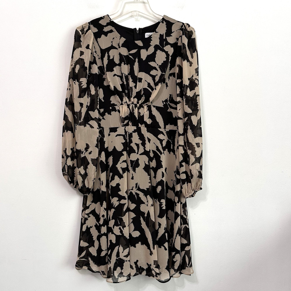 Calvin Klein Jewel Neck Chiffon Dress 4 Long Sleeve Party Cocktail Short Lined